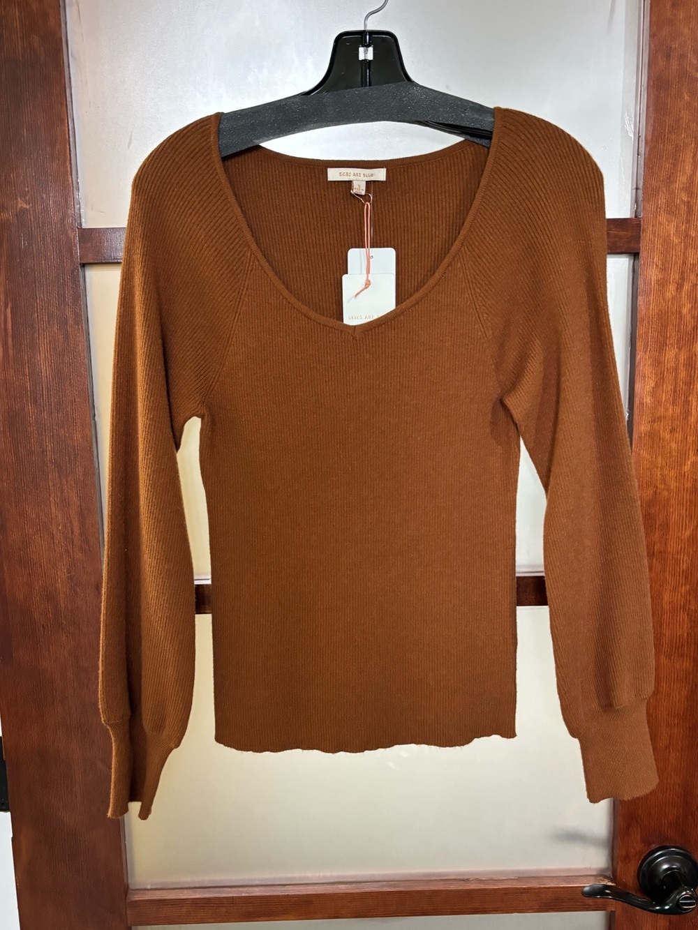 Skies Are Blue Scoop Neck Long-Sleeve Knit Top in Chestnut Brown